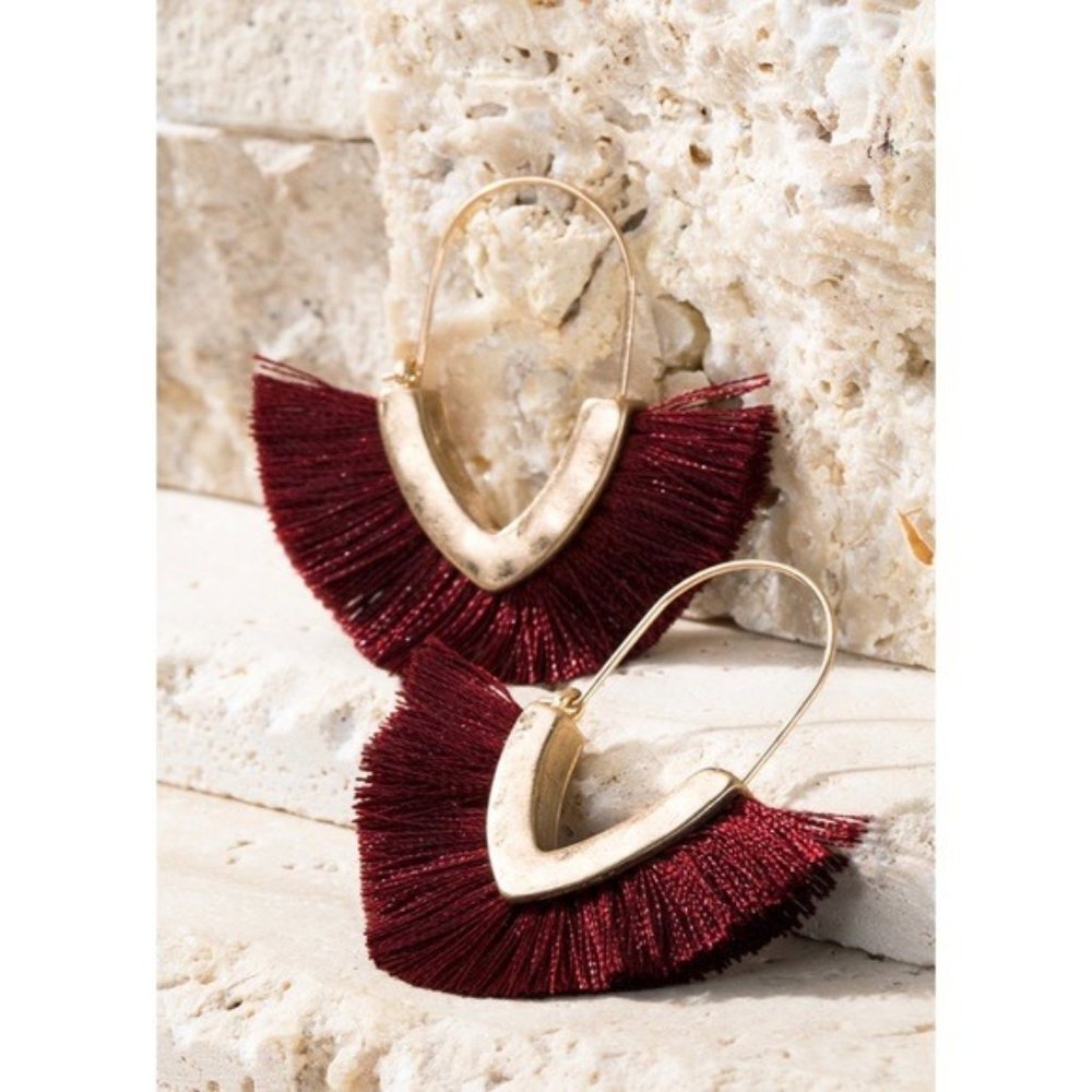 Hammered Metal - Fan Tassel - Drop Earrings - Maroon